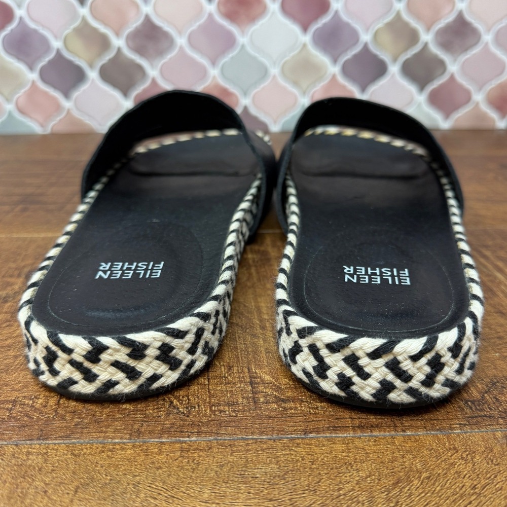 Eileen Fisher Pear Black Leather Chevron Woven Espadrille Slide Sandals 7 - Picture 9 of 15